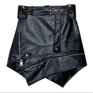 Black leather mini asymmetrical moto skirt